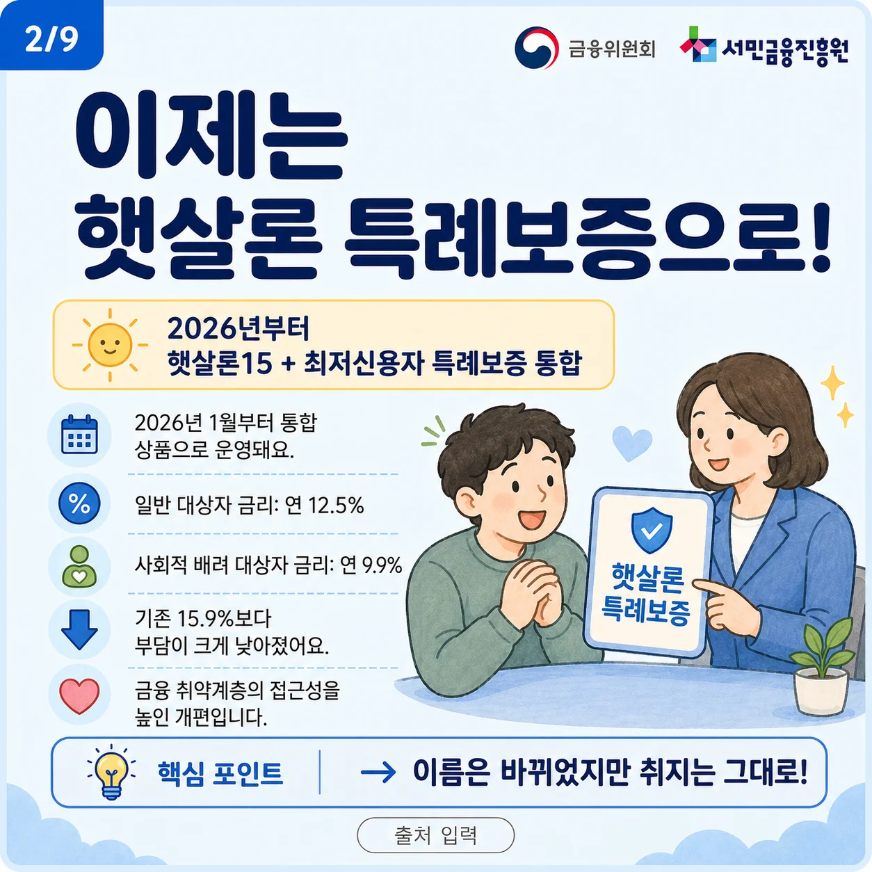 2026년부터 햇살론 특례보증으로 통합되는 내용을 설명하는 그림