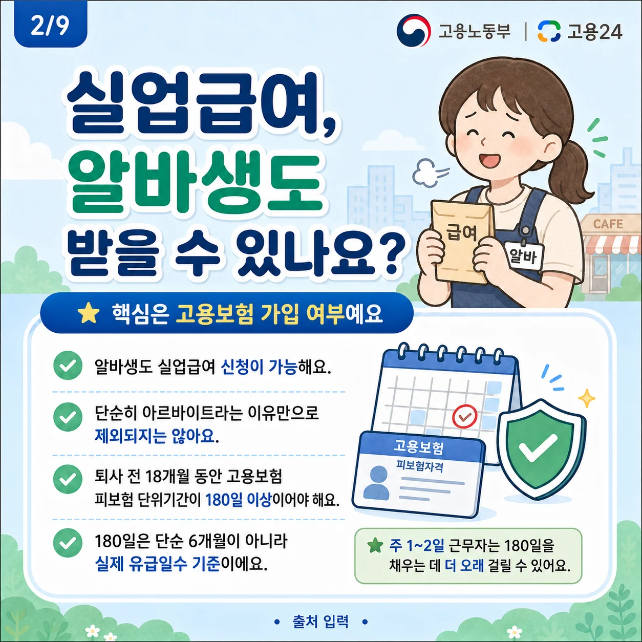 고용보험 가입 여부와 실업급여 필수 조건을 설명하는 이미지