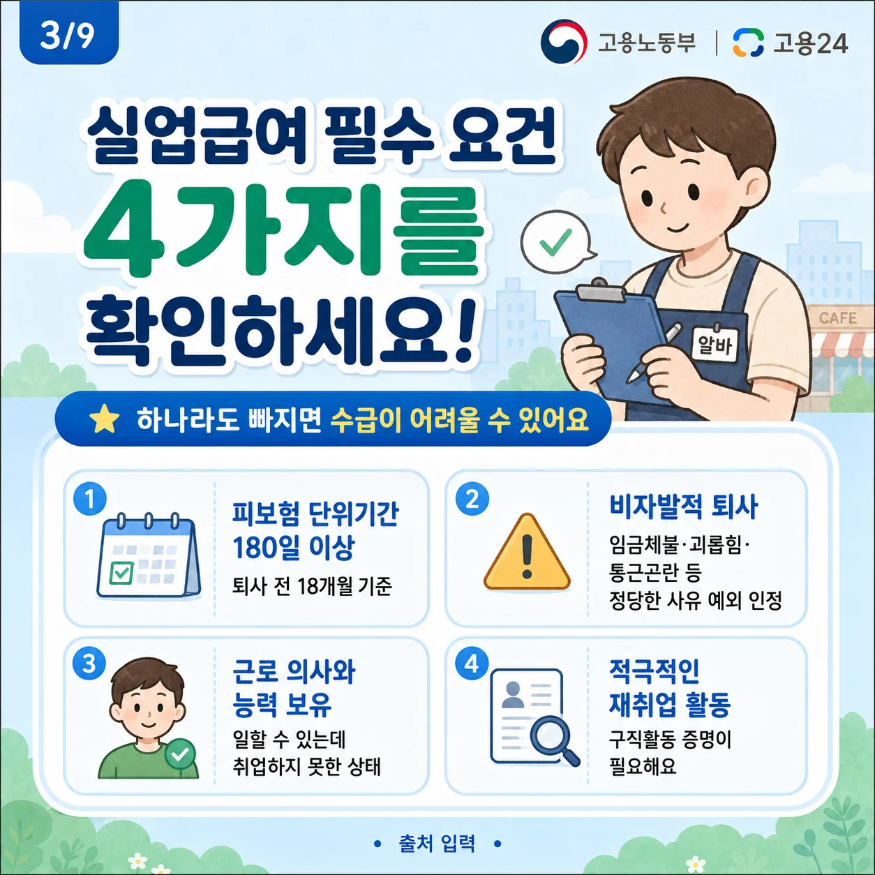 실업급여 수급을 위한 네 가지 필수 요건을 보여주는 이미지